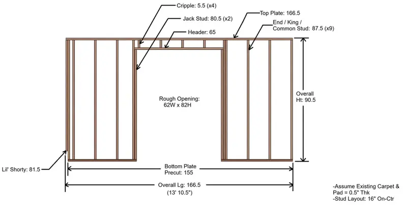 Framing plan with stud, header and rough opening dimensions