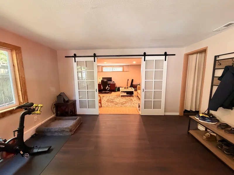 Finished basement with dark plank flooring and a pair of white glass-panel sliding barn doors