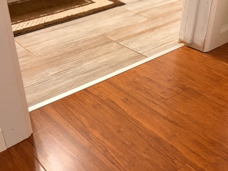 Plank flooring meeting light tile at a doorway threshold