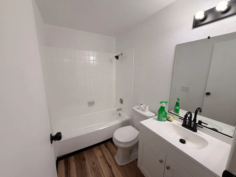 Renovated bathroom with a white vanity, black fixtures, plank flooring and a refreshed tub surround
